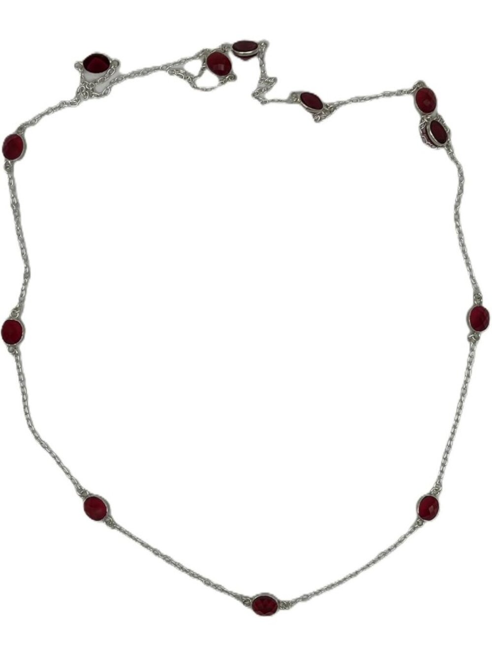 36" Long Natural Garnet Faceted Oval Station Necklace in Sterling Silver